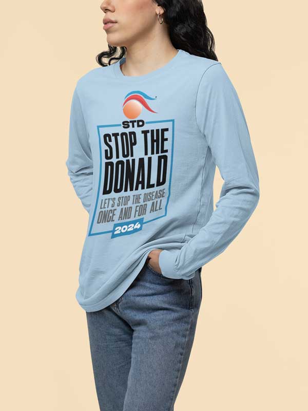 light blue stop the donald long sleeve tee shirt on woman